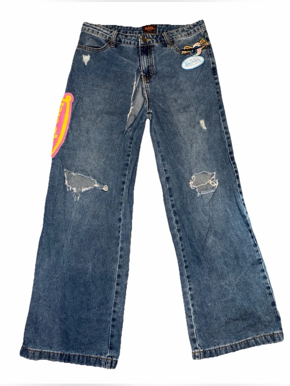 Von Dutch Originals Juniors 14 Wide Leg Jeans Y2K Distressed Patches Baggy FLAW
